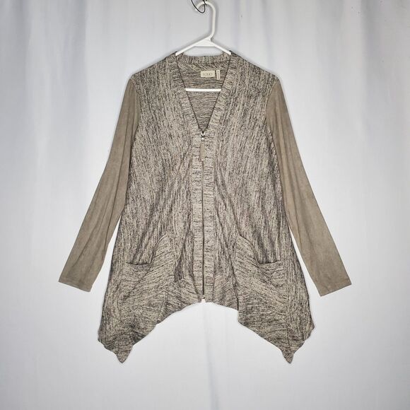 Logo Lori Goldstein Cardigan Women XS Taupe Knit Faux Suede V-Neck Zip Pocket - Picture 1 of 8